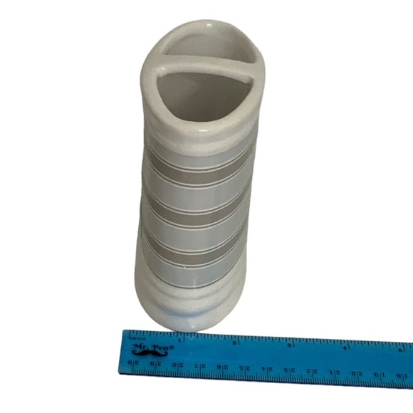 Striped Fabric Shower Curtain Ceramic Accessories 3 Pieces White Grey Tan Khaki - Picture 11 of 15